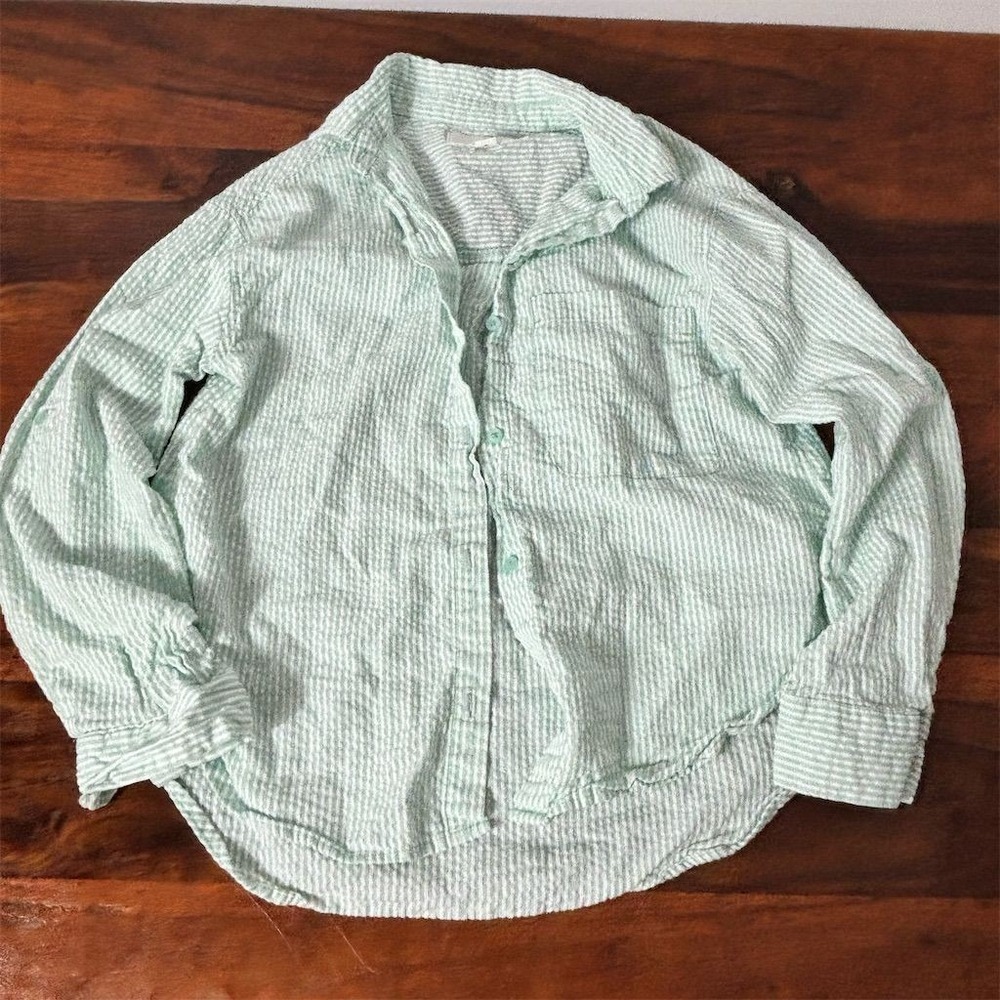 Zara Kids Mint Green White Striped Seersucker Button Down Shirt Size 11/12